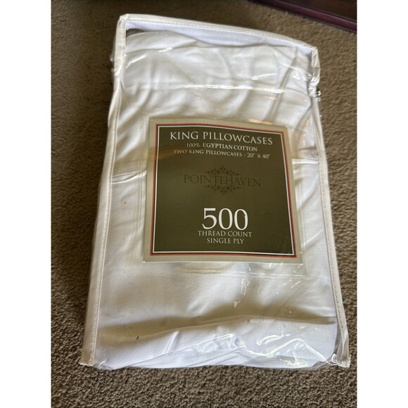 Pointe Haven 2 WHITE King Pillowcases 100% Egyptian Cotton 500 Thread Count - Picture 2 of 3